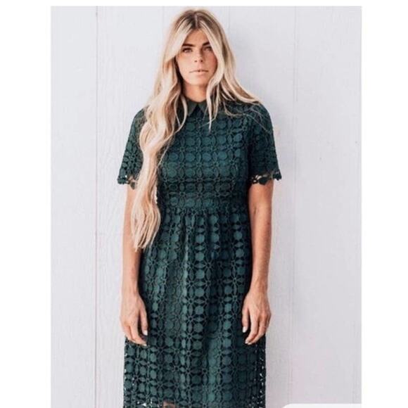 JessaKae Romantic Collared Lace Midi Dress Emerald Green M - Picture 2 of 7